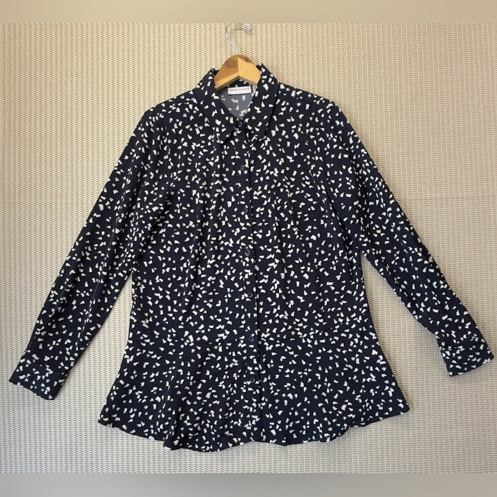 Susan Graver Peachskin Peplum Big Shirt Small Blue Long Sleeve  Confetti